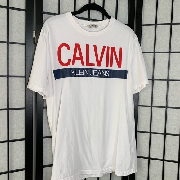 Men’s Calvin Klein Jeans Logo Graphic Monogram Crewneck T-Shirt White Red Medium - Picture 2 of 10